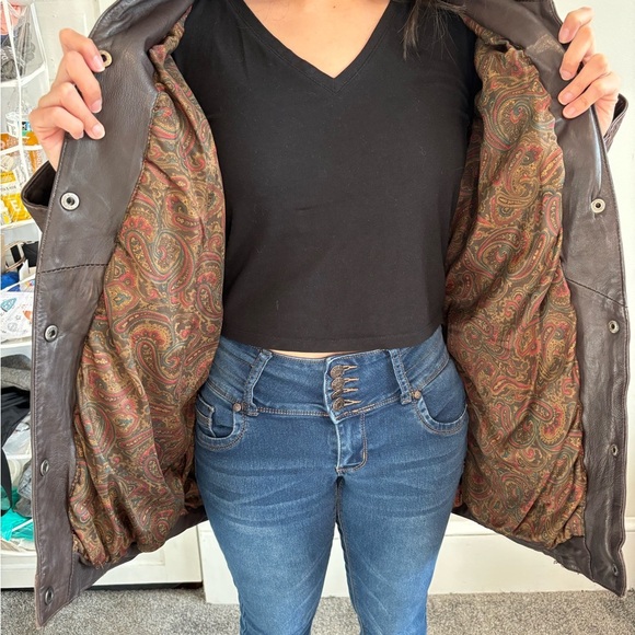 Vintage Bomber Chocolate Brown Animal Print Genuine Leather Jacket - Size Large - Picture 3 of 14